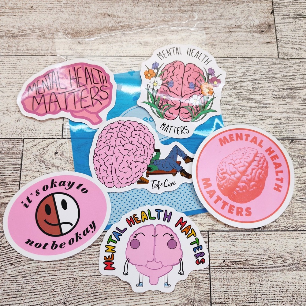Mental Health Matters Stickers - Pink Awareness Positivity Brain Image - 6pc Set
